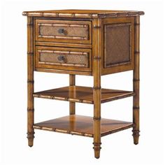 a wooden table with two drawers and wicker baskets on the bottom shelf, against a white background