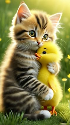 a kitten holding onto a yellow duckling in the grass