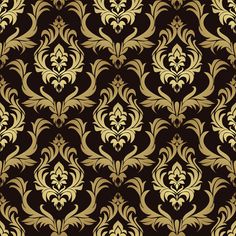 an ornate gold and black wallpaper pattern with swirls on the edges, in shades of brown