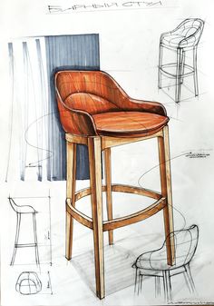 a drawing of a bar stool with an arm rest and foot rest on the seat