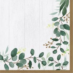 a white wooden background with green leaves and flowers on the bottom right corner, along with a brown border