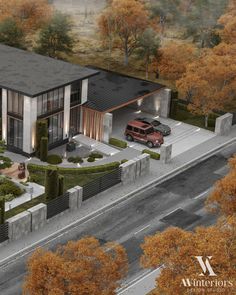 an artist's rendering of a modern house in the middle of trees and bushes