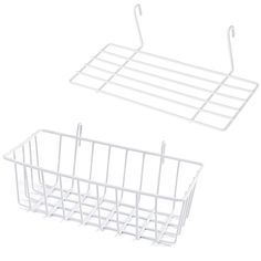 two white wire baskets sitting next to each other on top of a white wall mounted shelf