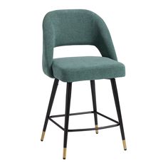 an upholstered bar stool with black legs and a teal green fabric seat