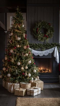 a christmas tree with presents under it