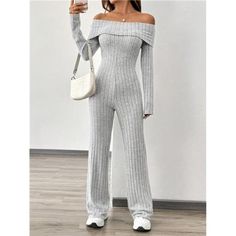 -Item Id 39210667 -Details: Rib-Knit -Neckline: Off The Shoulder -Sleeve Type: Regular Sleeve -Style: Casual -Waist Line: High Waist -Color: Grey -Pattern Type: Plain -Type: Other -Sleeve Length: Long Sleeve -Length: Long -Fit Type: Regular Fit -Fabric: Medium Stretch -Material: Fabric -Composition: 95% Polyester, 5% Elastane -Care Instructions: Machine Wash Or Professional Dry Clean -Body: Unlined -Sheer: No **Open To Offers!!!** **Bundle To Save More** **30% Off Bundles Of 2 Or More Items!!** Fitted Jumpsuits And Rompers For Fall Loungewear, Winter V-neck Jumpsuits And Rompers, Casual Fitted Ribbed Jumpsuits And Rompers, Chic Winter Jumpsuits And Rompers For Loungewear, Fitted Jumpsuits And Rompers For Winter, Knitted Jumpsuit, Boutique Pants, Clean Body, Long Sleeve Jumpsuit