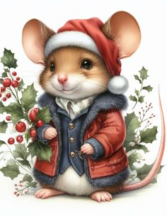 a mouse wearing a santa claus hat and coat with holly wreaths around its neck