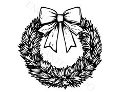 a black and white drawing of a christmas wreath with a bow on the front, surrounded by pine branches