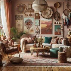 a living room filled with furniture and lots of pictures on the wall above it's windows