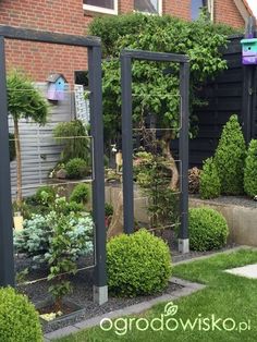 an outdoor garden area with various plants and trees in the center, surrounded by black metal trelliss