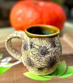 Ceramic Sunflower, Sunflower Daisy, Fall Mug, White Turquoise, Fine Art Ceramics, Sunflower, Amber, Daisy