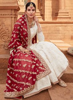 Off White Anarkali With Maroon Dupatta | Lashkaraa Lakhnavi Anarkali, Red Pakistani Dress, White Anarkali Dress, Off White Anarkali, Nikkah Bride Dress, Maroon Dupatta, Nikkah Bride, Red And White Outfits, White Anarkali