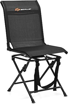 the folding chair is black and has an orange logo on its back side, while it sits