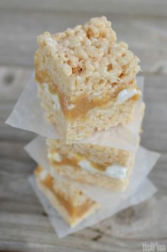 three pieces of rice krispy treats stacked on top of each other