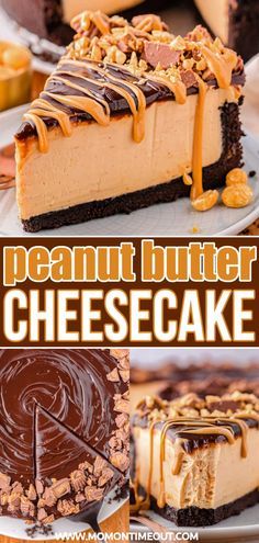 peanut butter cheesecake with chocolate sauce and caramel drizzled on top