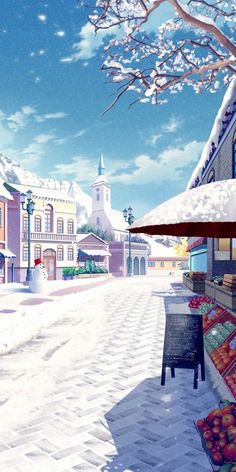 an animated image of a snowy street with shops and buildings in the background, as well as a snow covered tree