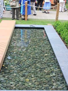 people are standing near a small pond with rocks on the ground and water running through it