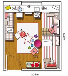 an overhead view of a small living room with furniture and decor on the floor plan