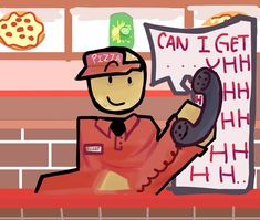 a drawing of a man holding a phone in front of a sign that says pizza i get high