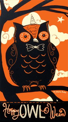 an owl sitting on top of a tree branch with the words happy halloween written below it