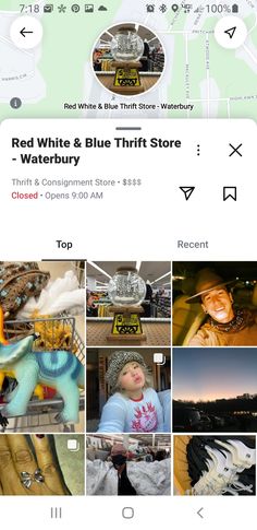 the red white and blue thrift store is on the iphone screen, with photos taken from