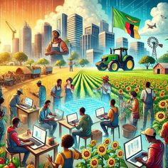 a painting of people working on laptops in a sunflower field