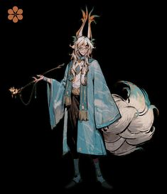 an anime character with long white hair and blue cape holding a flower in her hand