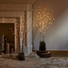 three vases filled with branches and lights in front of a fire place on the floor