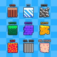 an old - school computer game with different types of objects in the style of pixel art