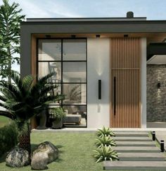 an image of a modern house with steps leading to the front door and palm tree