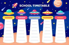 an image of school timetables with space and planets in the background, flat style