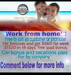 an advertisement for a couple's vacation with the caption work from home free to join as customer or promote