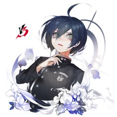 an anime character with black hair and blue eyes standing in front of white flowers on a white background