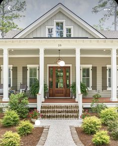 front porch with steps leading up to the entry door and two large potted plants on either side