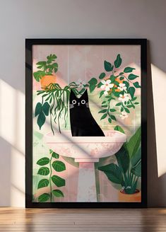 a black cat sitting in a sink surrounded by plants