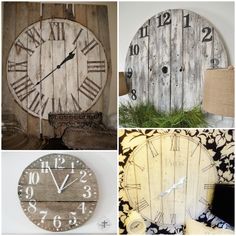 four different clocks made out of wooden planks, one with roman numerals and the other with numbers