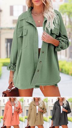 High Street Women's Casual Solid Shirt Cardigan Jacket. Cute Plus Size Fall Green Long Sleeve Solid Outerwear, Green Long-sleeved Cardigan With Pockets, Green Long Sleeve Cardigan With Pockets, Solid Color Long Sleeve Outerwear For Spring, Spring Long Sleeve Solid Color Outerwear, Trendy Cardigan Outfit, Leopard Cardigan Outfit, Fall Outwear, Trendy Cardigans