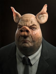 a man in a suit and tie with pig ears on his head is staring at the camera