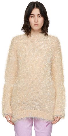 Long sleeve nylon-blend sweater in beige featuring iridescent thread. Made from cruelty-free materials. Supplier color: Natural | Stella McCartney Knit Tinsel Opalescent Crewneck Sweater Tinsel Sweater, Sparkle Sweater, Yarn Sweater, Metallic Sweater, Fall 24, Fall 2024, Crewneck Sweater, Knitwear Women, Long Sweaters