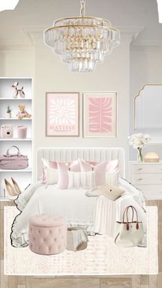 a bedroom decorated in pink and white with chandelier above the bed, purses on the dresser