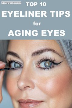 A happy woman using my top 10 eyeliner tips for aging eyes.