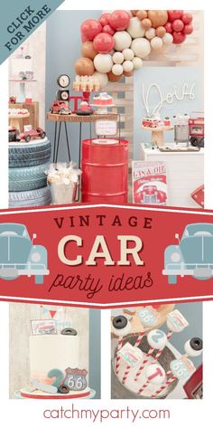 an old car party with balloons and decorations