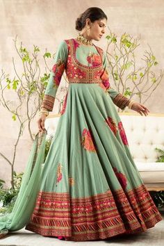 Shop for Kalista Green Dola Silk Floral Print Anarkali With Dupatta for Women Online at Aza Fashions Mayra Function Dress, Anarkali Plain, Floral Print Anarkali, Anarkali Designs, Anarkali With Dupatta, Traditional Attires, Anarkali Dress Pattern, Indian Dresses Traditional, Traditional Indian Outfits