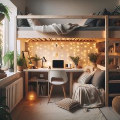 a bedroom with a loft bed, desk and computer on the top shelf is lit up by string lights