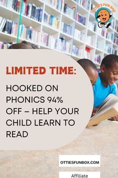 children reading books in the library with text that reads, limited time hooked on phonics 94 % off - help your child learn to read