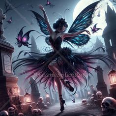 Step into a world of magic and mystery with this captivating digital art piece featuring a midnight fairy dancing with abandon under a full moon in a graveyard. Butterflies flutter and dance around her, adding a touch of whimsy to the eerie scene filled with skulls and gravestones. Perfect for lovers of fantasy, Fairies, Halloween decor, and mystical art, this unique illustration brings an enchanting and otherworldly atmosphere to any space. Download and print this high-resolution artwork to add a touch of ethereal beauty to your home or office. What's Included: * 1 Image, 300dpi, 6000px x 6000px, JPG files * THIS IS A DIGITAL PRODUCT ONLY, NO PHYSICAL PRODUCT INCLUDED. * The file will be able to be downloaded directly from Etsy upon completed purchase. * This image can be used commerciall Fairies Halloween, Fairy Dancing, Fairy Dance, Fantasy Fairies, Moon Stars Art, Fairies Dancing, Fairy Art Dolls, Gothic Fairy, Fairy Artwork