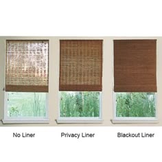 three window shades with bamboo blinds in a living room, one is brown and the other has white trim