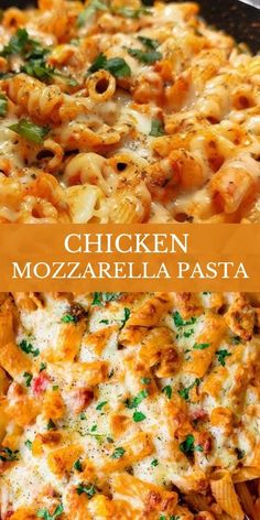 chicken mozzarella pasta in a skillet