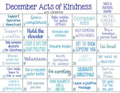 the december acts of kindness calendar is shown with words in blue and green on it