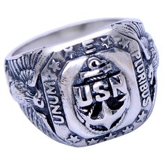 PRICES MAY VARY. Material:925 Sterling Silver Width:18*16mm;N.W.:Around 8.37g Aging Process--Base silver US navy ring was putting into special solution for vintage effect(black color),then polished. A US Navy ring is a symbol of honor, dedication, and service. It carries a lot of history and pride, and adds a distinct touch to any look. Welcome to come to us if you need any assistance for the order.We will try to contact you back within 12 hours. Vintage 925 Sterling Silver USN United States Nav Navy Ring, Us Navy Rings, Navy Rings, Navy Jewelry, Anchor Rings, Navy Anchor, Eagle Ring, Seal Gifts, Navy Seal